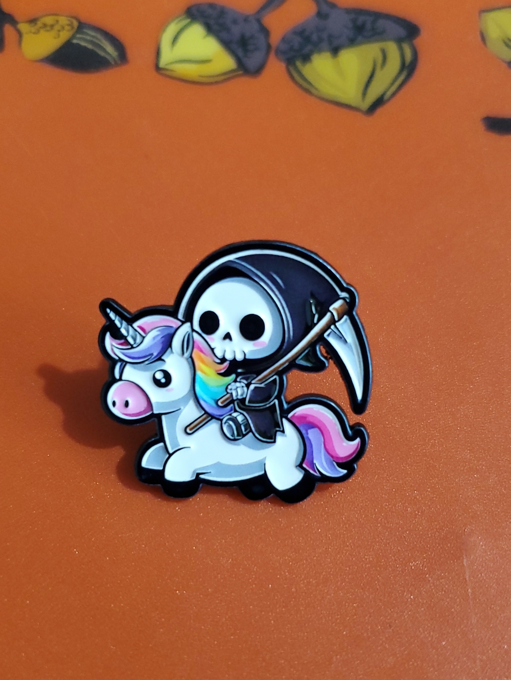Cute Grim Reaper Riding Rainbow Unicorn Enamel Pin